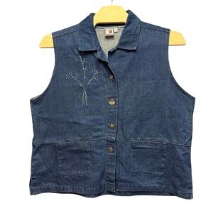 Lady Jane Chester NJ Denim Vest 2X Blue Embroidered Button Up Floral Cottagecore